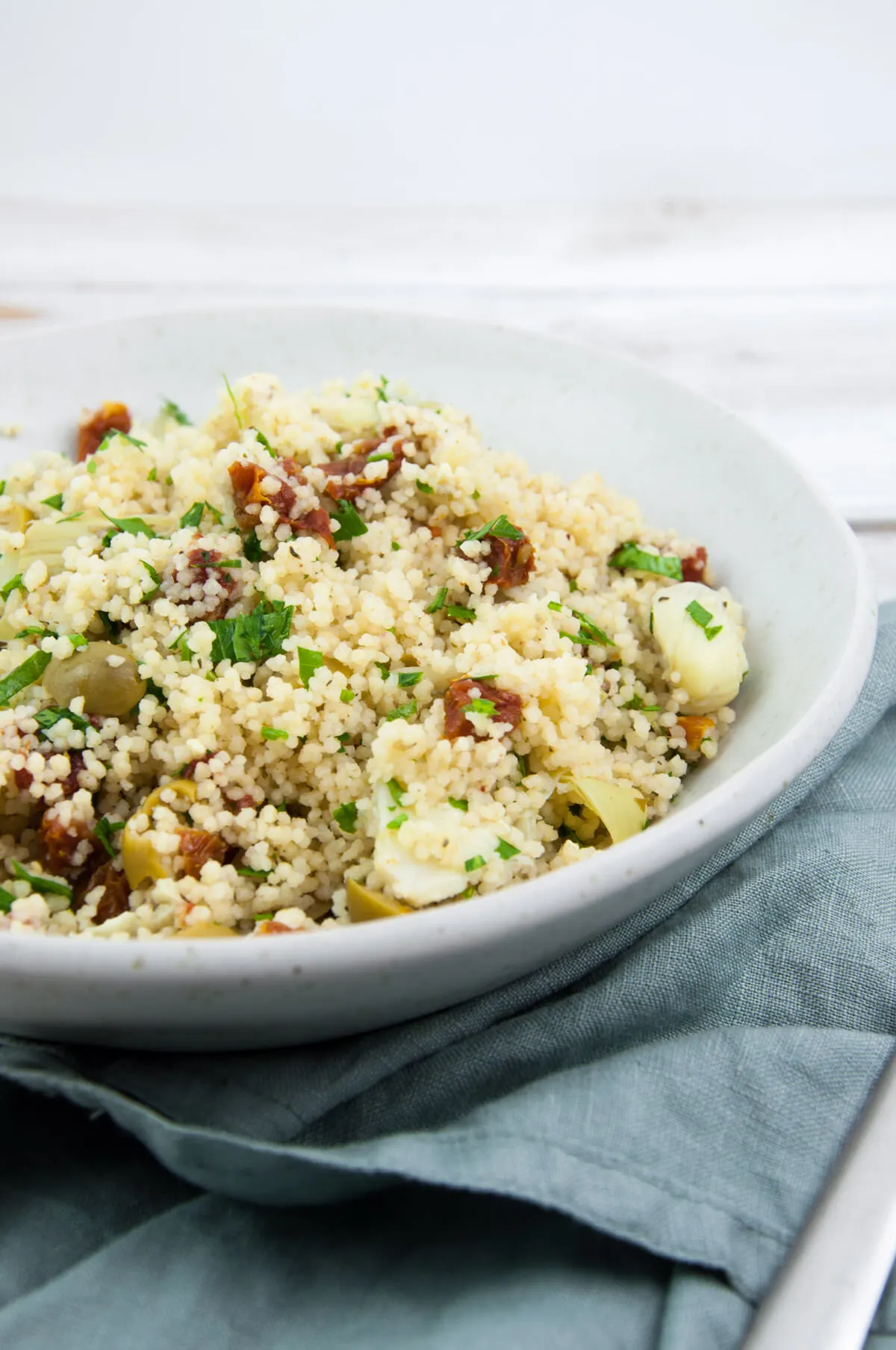 Mediterranean Couscous with olives, sun-dried tomatoes, and artichokes