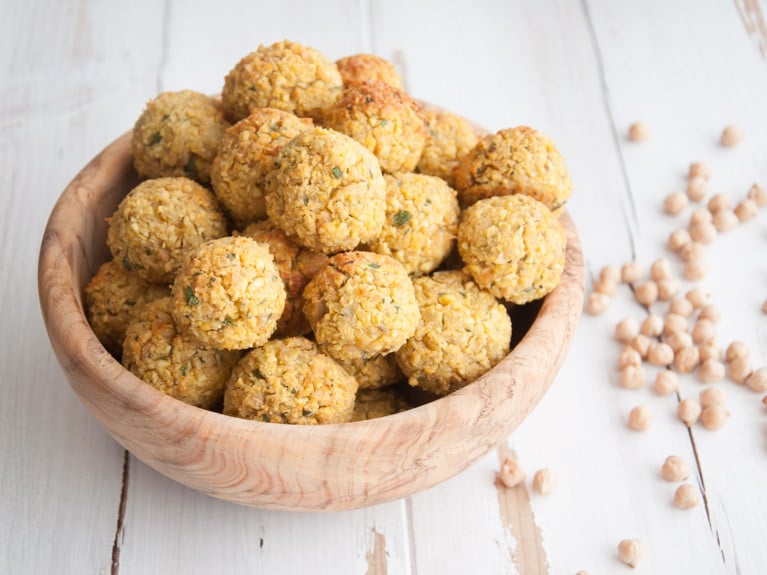 Oil-Free Oven-Baked Falafel With Cilantro in a wooden bowl