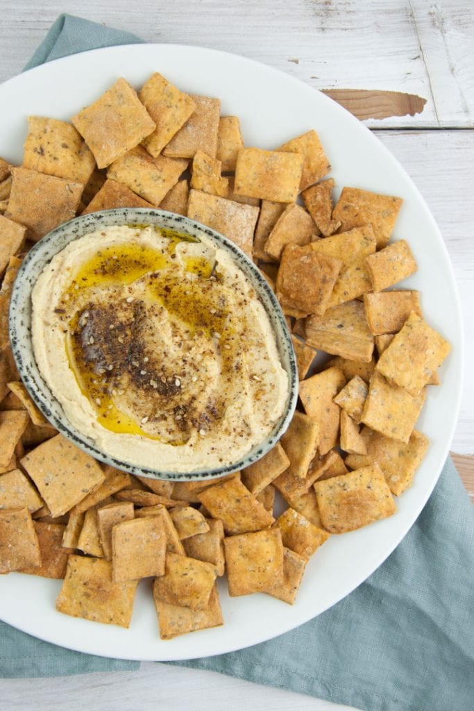 Vegan Pizza Crackers served with Za'atar Hummus