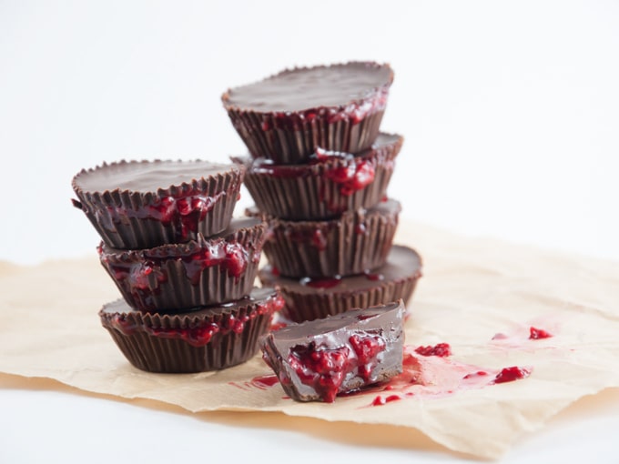 Bloody Cups for Halloween stacked and with raspberry sauce oozing out