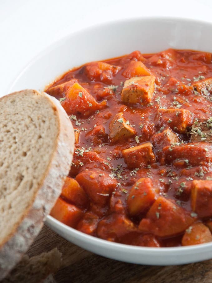 Vegan Goulash with smoked tofu and potatoes closeup