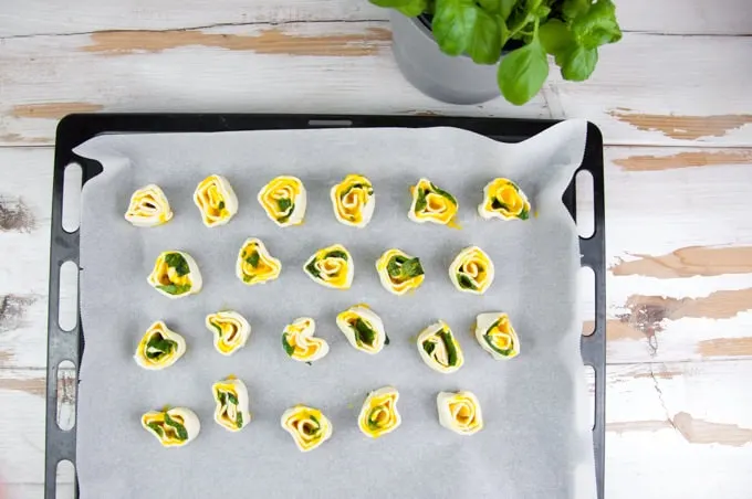 pumpkin basil pinwheels on a baking tray before baking