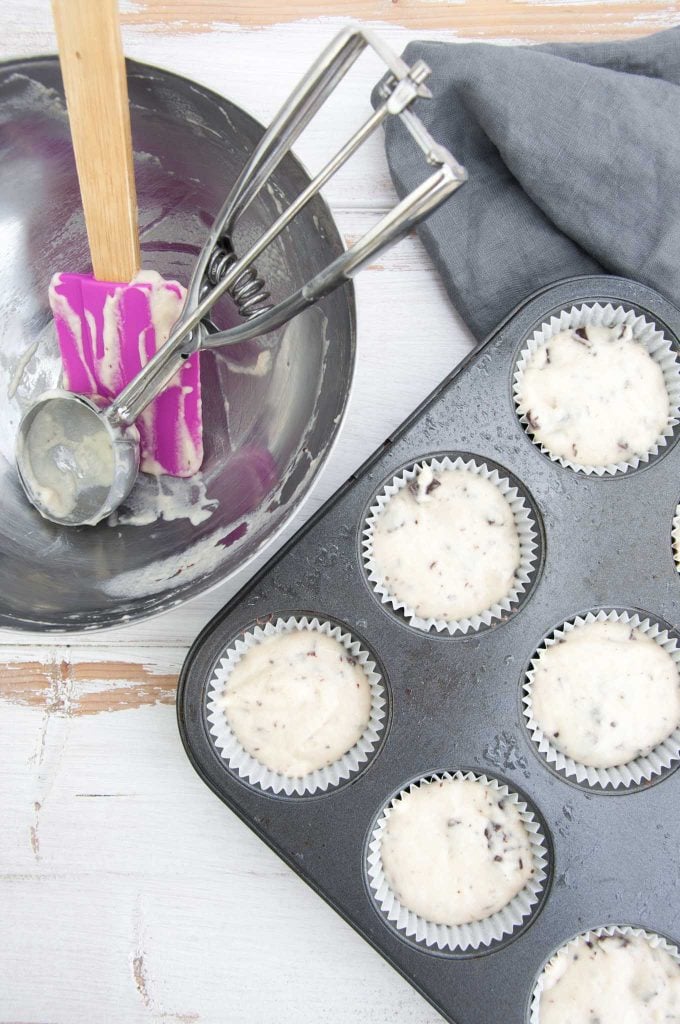 Vegan Chocolate Chunk Muffin batter in muffin liners