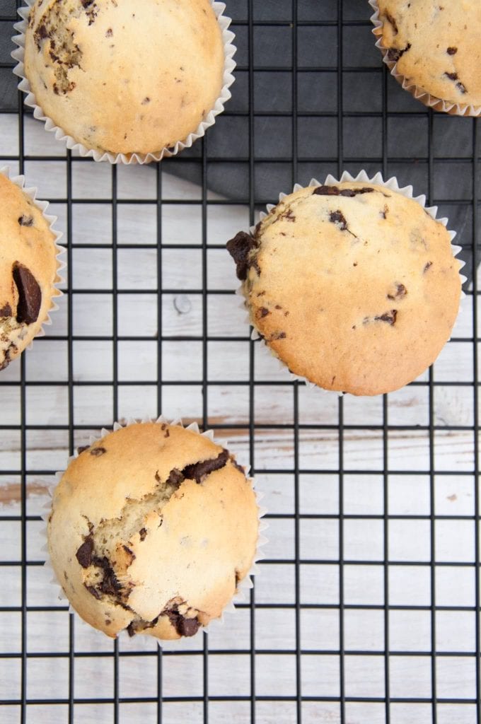 Vegan Chocolate Chunk Muffins on a cooling rack