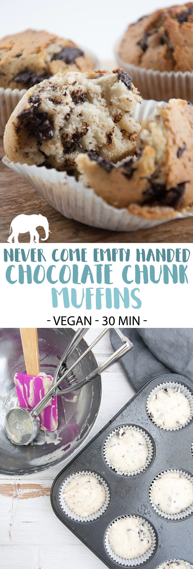 Never Come Empty Handed Vegan Chocolate Chunk Muffins - they can be made in only half an hour (perfect to bring to parties!) | ElephantasticVegan.com #vegan #muffins #chocolate #dessert #sweet #plantbased
