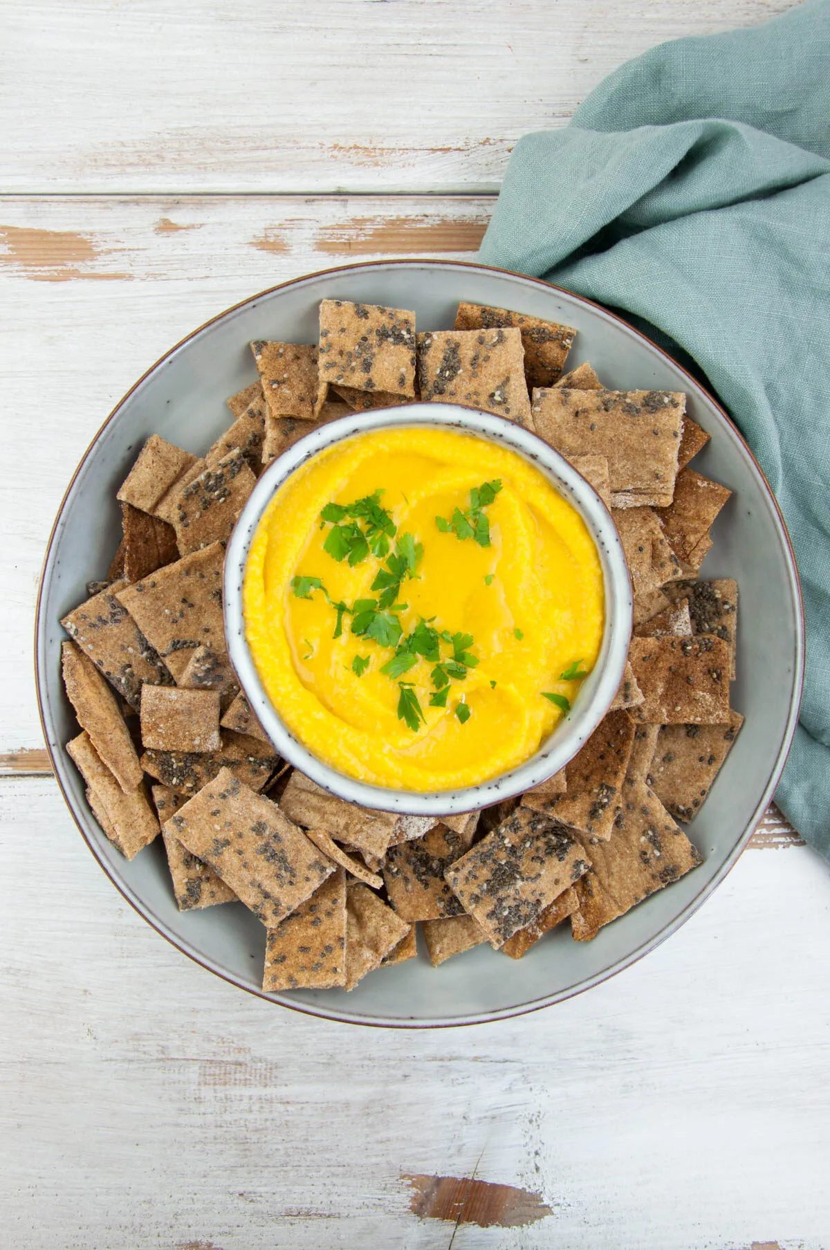 Vegan Spelt Chia Crackers served with Butternut Squash Dip