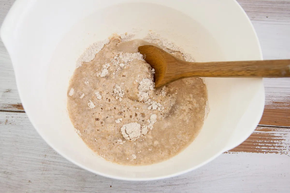 dry and wet ingredients for crackers in bowl