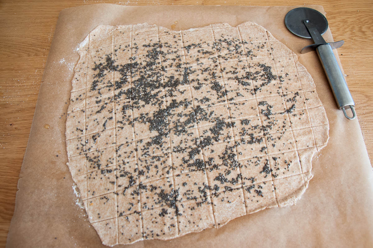 Vegan Spelt Chia Crackers cut with a pizza cutter