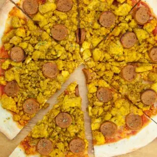 Vegan Breakfast Pizza with tofu scramble and seitan sausages