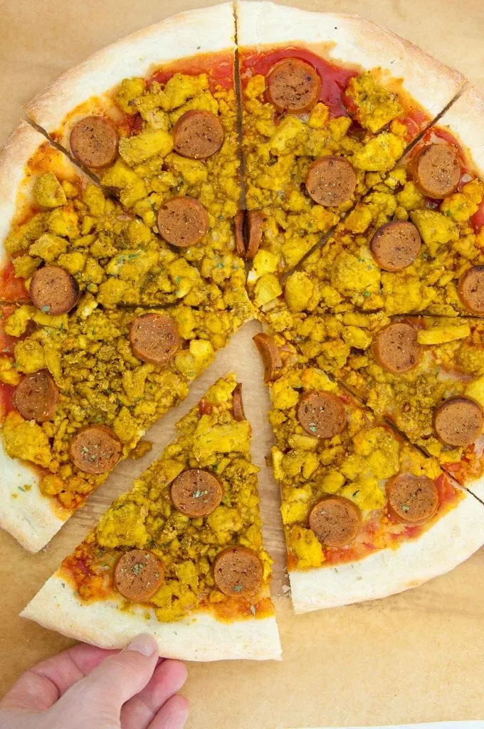 Vegan Breakfast Pizza with tofu scramble and seitan sausages