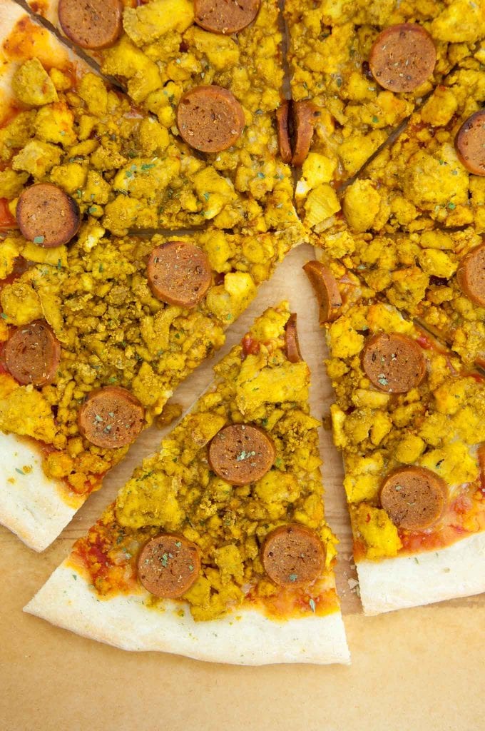 Vegan Breakfast Pizza with tofu scramble and seitan sausages