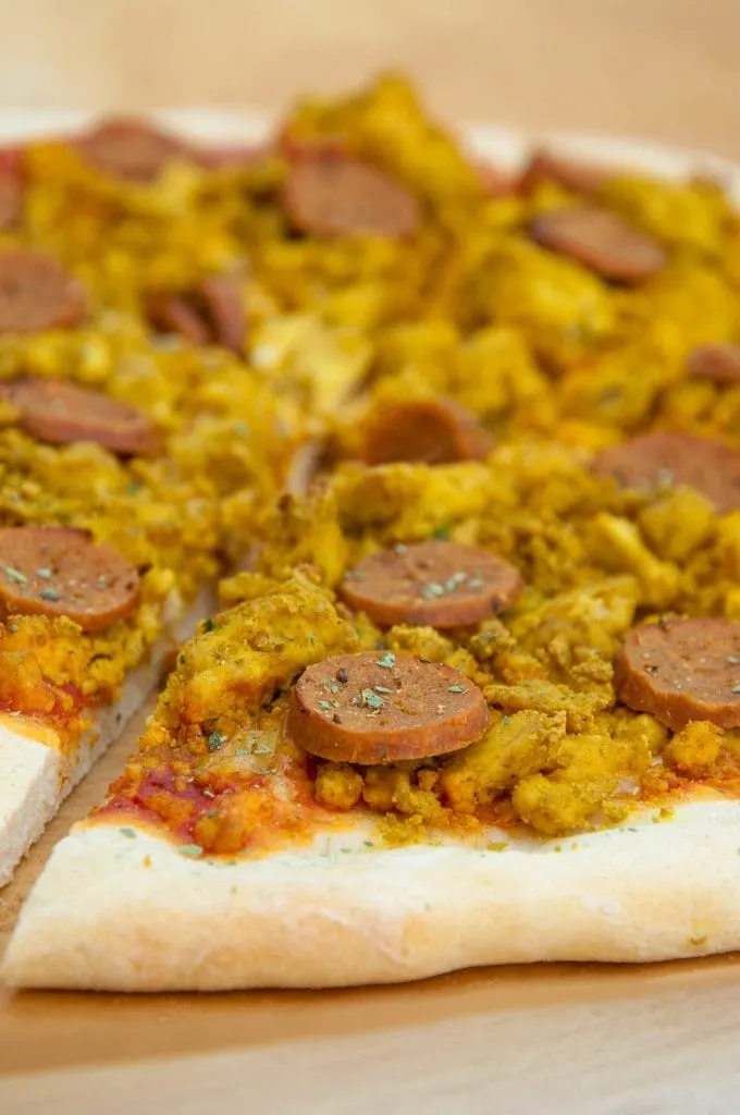 Vegan Breakfast Pizza with tofu scramble and seitan sausages