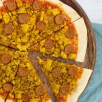 Vegan Breakfast Pizza with tofu scramble and seitan sausages