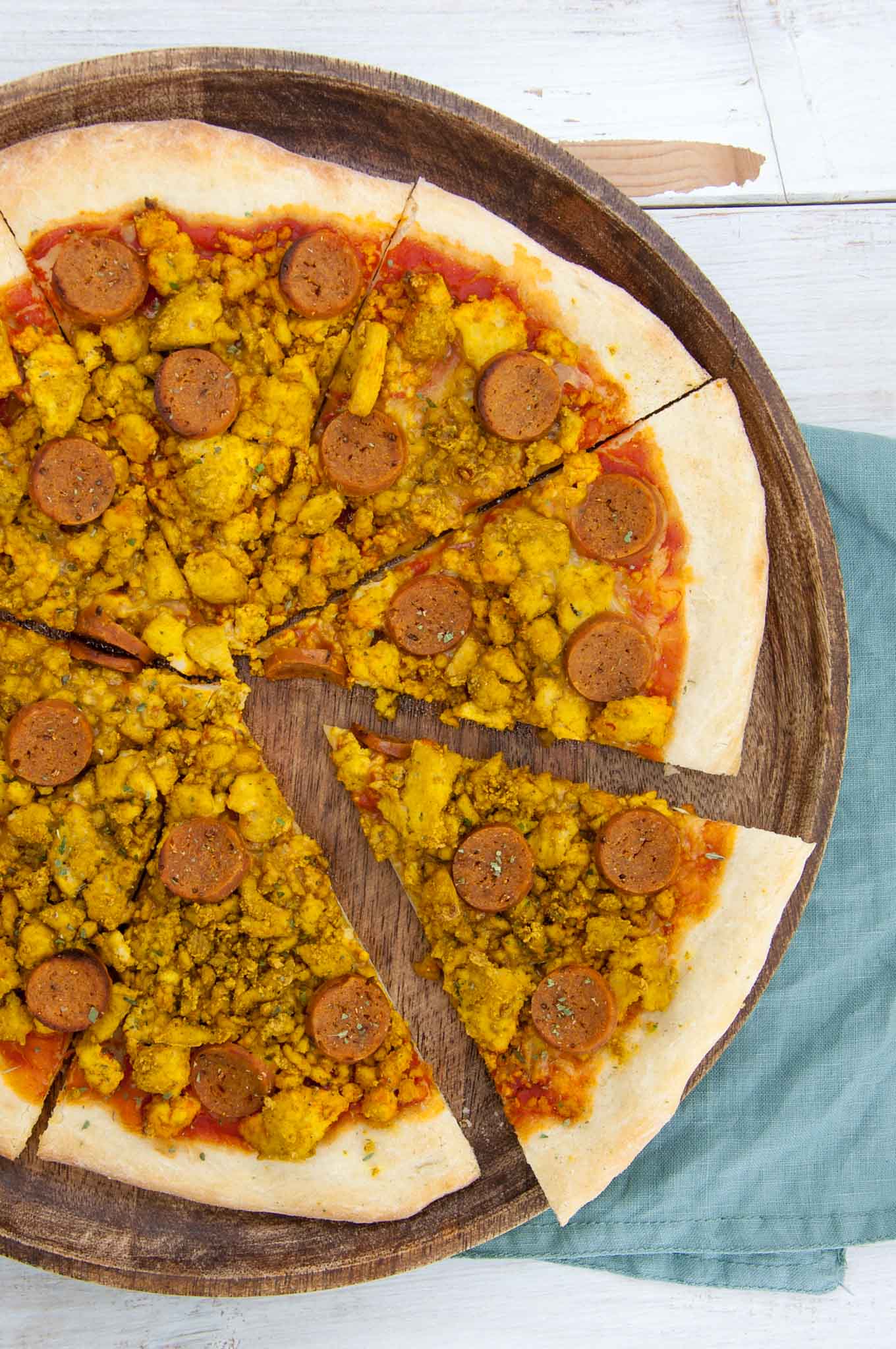 Vegan Breakfast Pizza with tofu scramble and seitan sausages