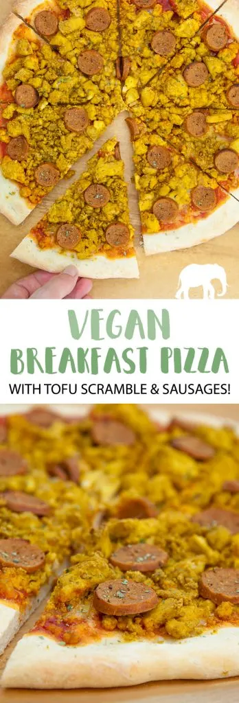 Vegan Breakfast Pizza with tofu scramble and seitan sausages