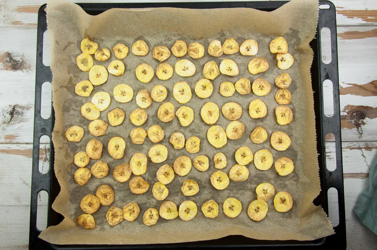 Baked Plantain Chips on a baking tray