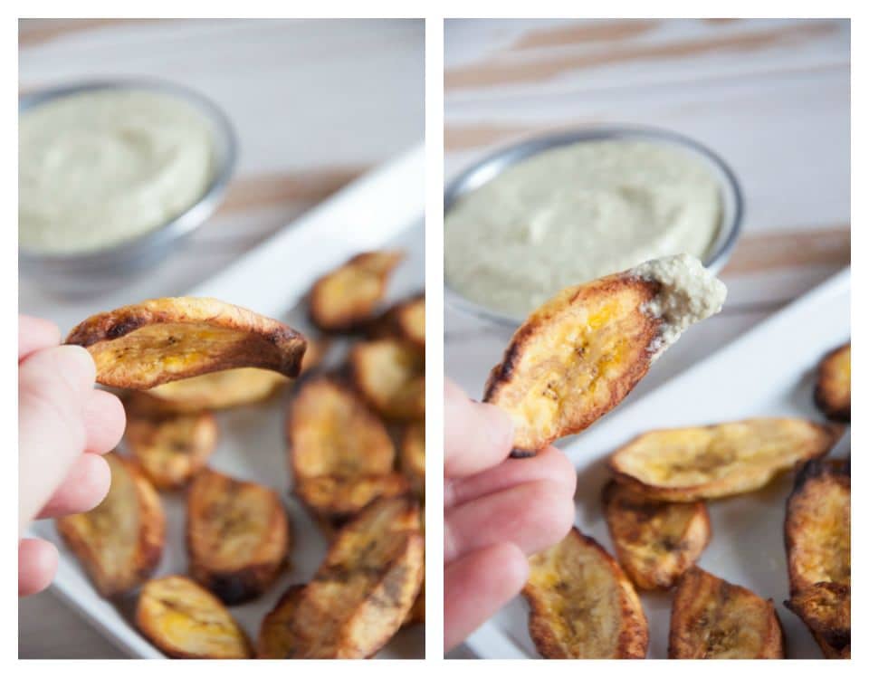 OvenBaked Plantain Chips with Cilantro Lemon Dip Elephantastic Vegan