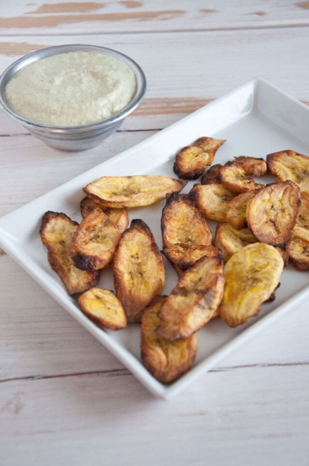 OvenBaked Plantain Chips with Cilantro Lemon Dip Elephantastic Vegan