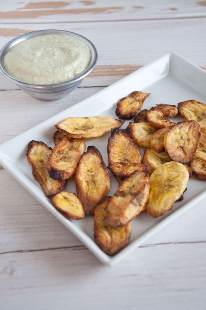 OvenBaked Plantain Chips with Cilantro Lemon Dip Elephantastic Vegan