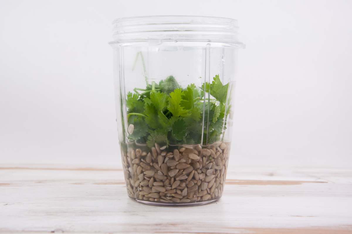 sunflower seeds, cilantro, salt, water, lemon juice in blender