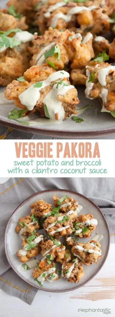 Veggie Pakora with Sweet Potato and Broccoli and Cilantro Coconut Sauce | ElephantasticVegan.com