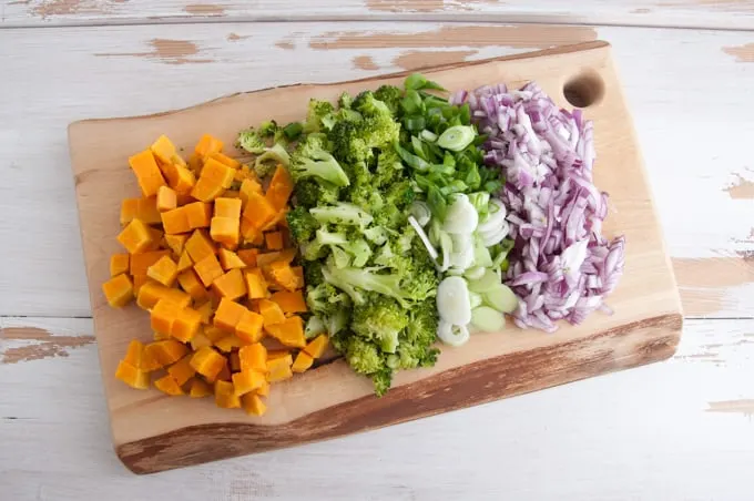 sweet potato, broccoli, spring onion and red onion for homemade veggie pakora