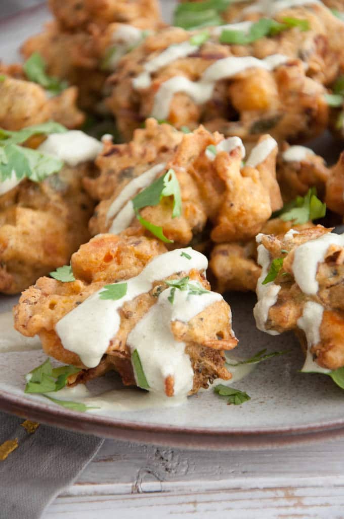 Veggie Pakora with Sweet Potato and Broccoli and Cilantro Coconut Sauce