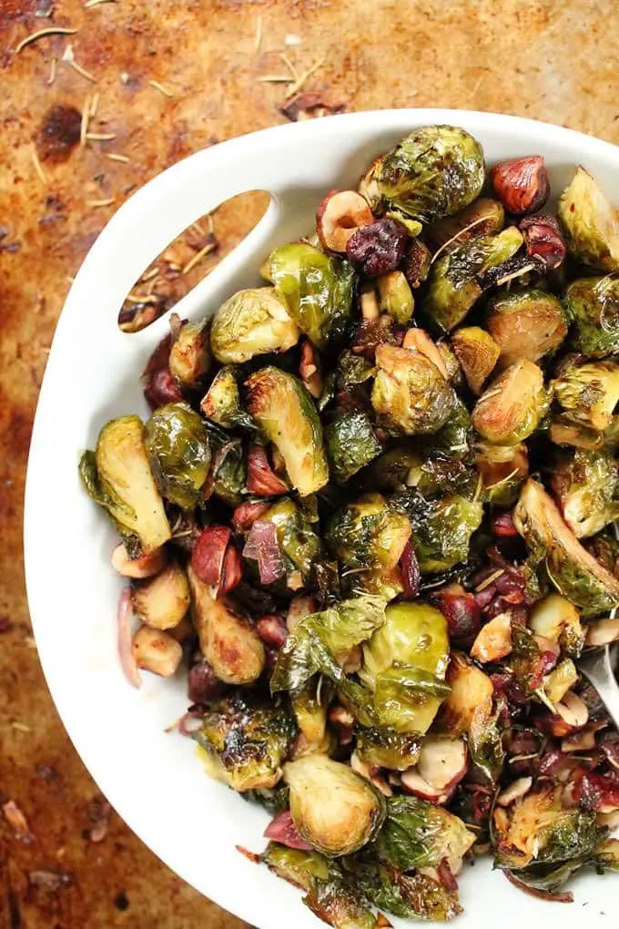 Maple Balsamic Brussels Sprouts with Hazelnuts and Rosemary - My Darling Vegan