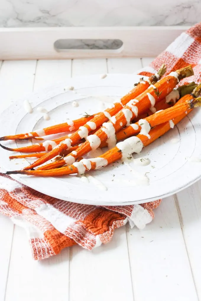 Smoky Maple Roasted Carrots Lemon Thyme Sauce - Veggies Don't Bite