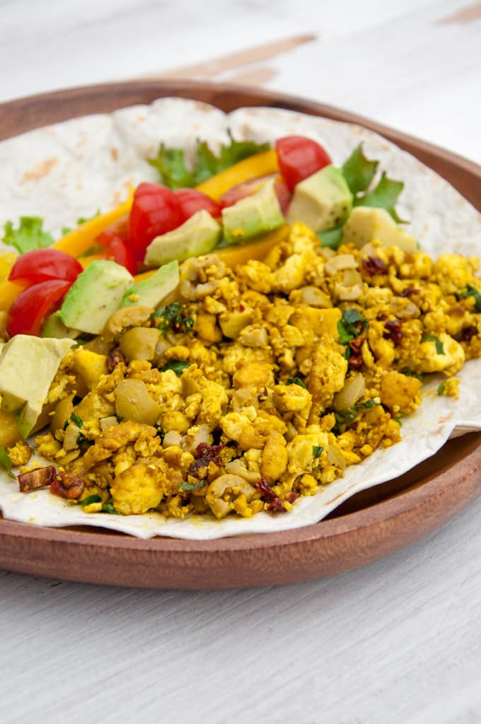 Mediterranean Tofu Scramble Breakfast Burrito | ElephantasticVegan.com