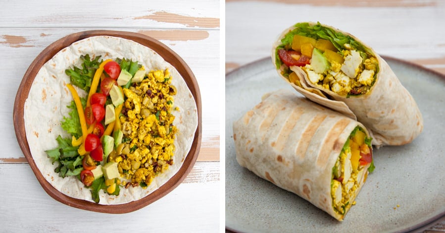 Mediterranean Tofu Scramble Breakfast Burrito Recipe | Elephantastic Vegan