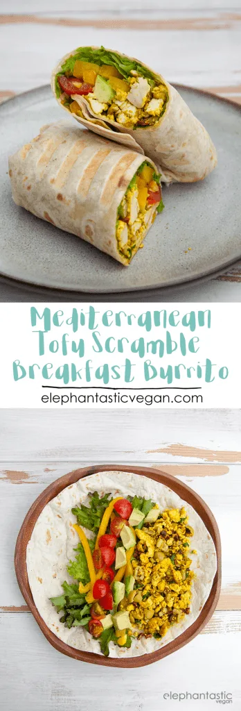 Mediterranean Tofu Scramble Breakfast Burrito | ElephantasticVegan.com