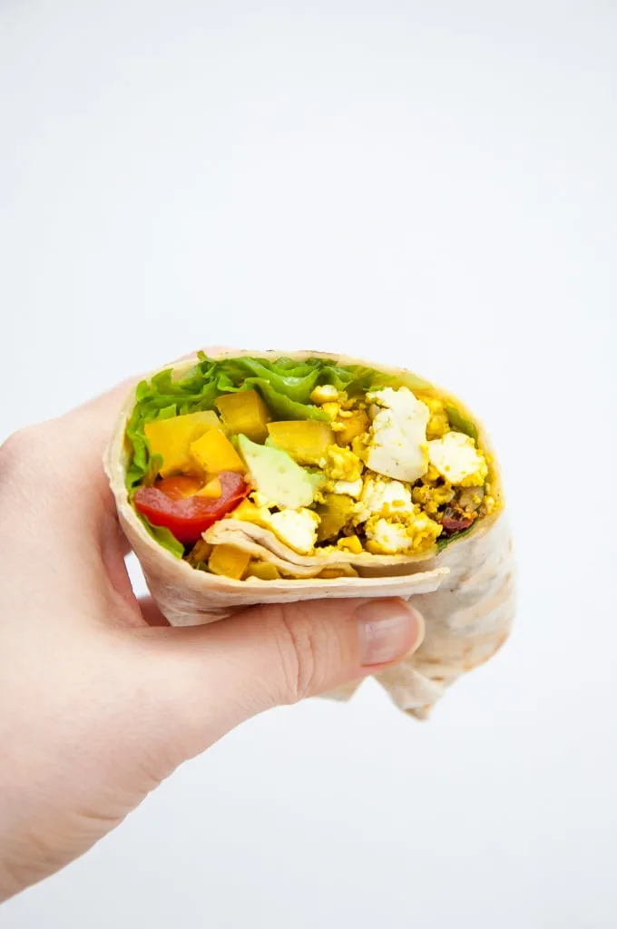 Mediterranean Tofu Scramble Breakfast Burrito | ElephantasticVegan.com