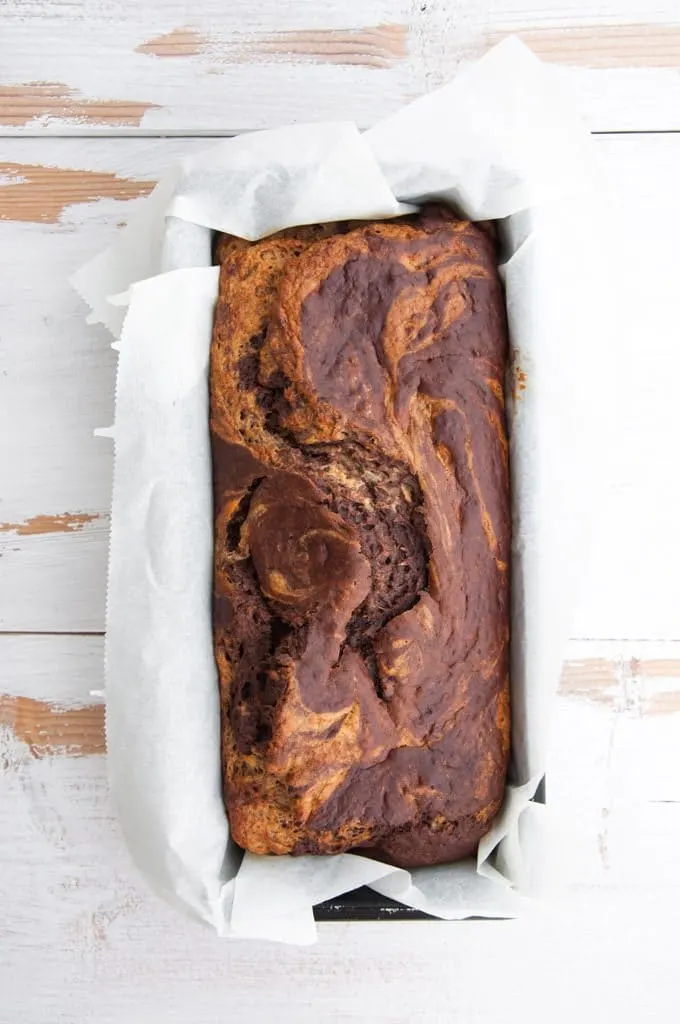 Marbled Banana Bread from top in loaf pan