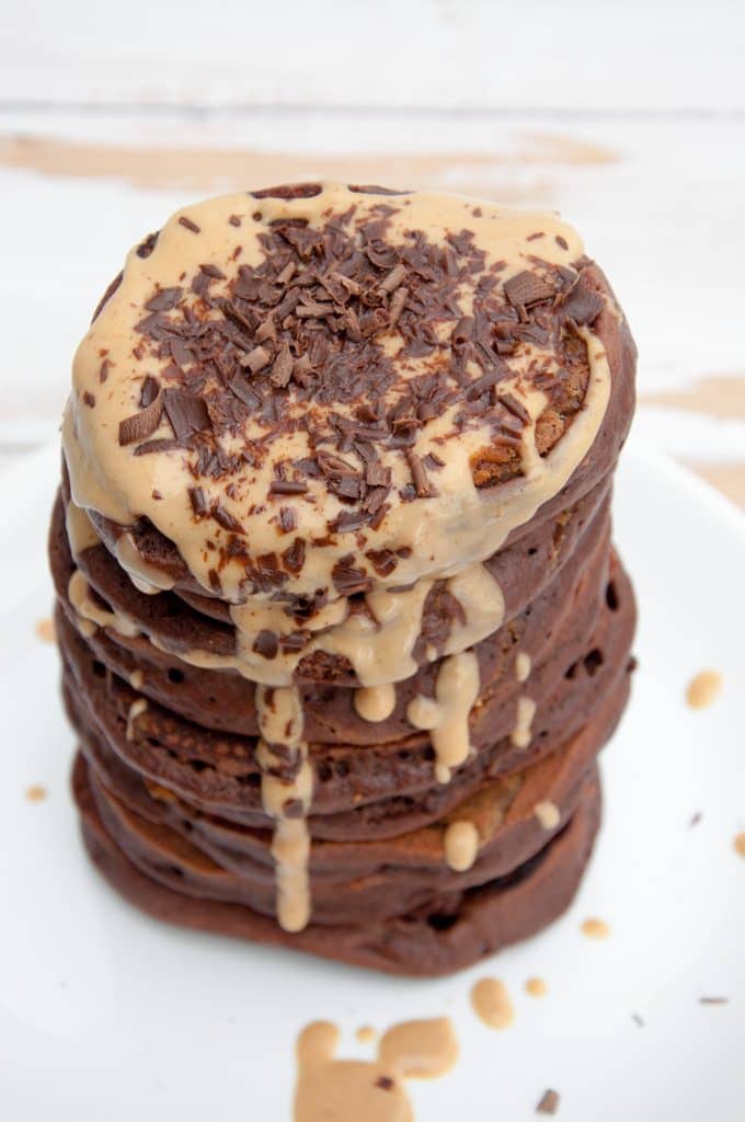 Chocolate Peanut Butter Pancakes Big Stack of Chocolate Peanut Butter Pancakes from above