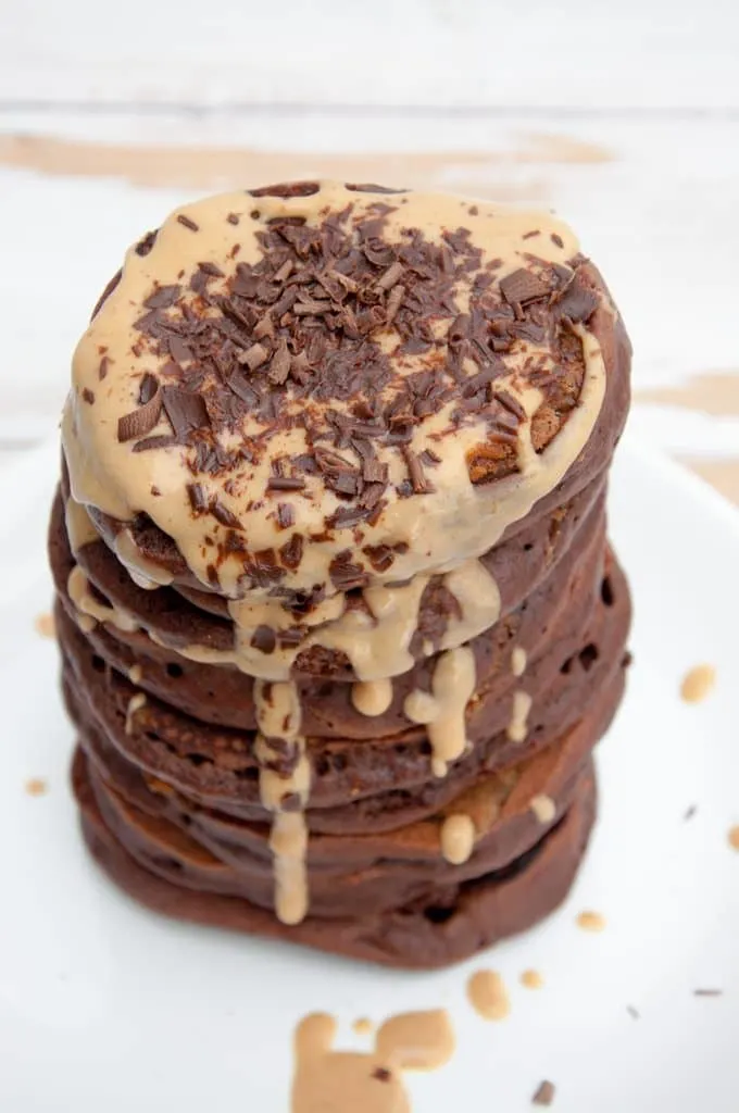 Chocolate Peanut Butter Pancakes Big Stack of Chocolate Peanut Butter Pancakes from above