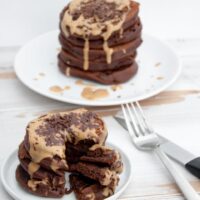 two stacks Chocolate Peanut Butter Pancakes