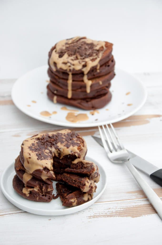 two stacks Chocolate Peanut Butter Pancakes