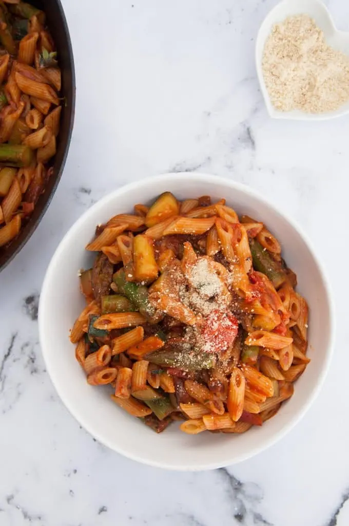 Quick Date Night Pasta with Asparagus and Cashew Parmesan from top