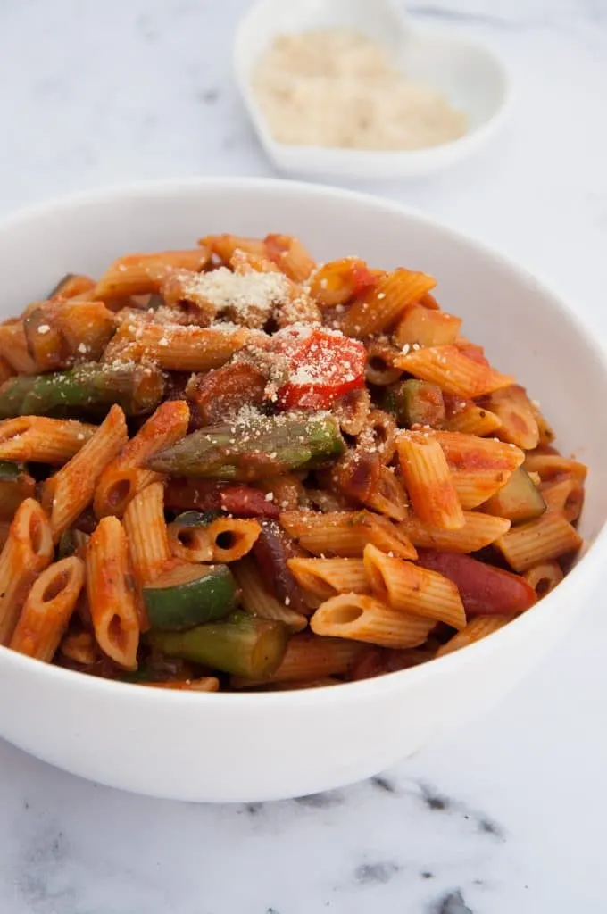 Quick Date Night Pasta with Asparagus and Cashew Parmesan from the side