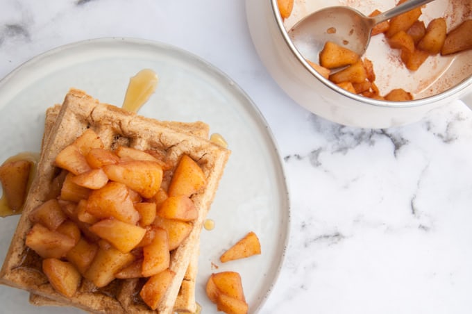 Cinnamon Waffles topped with warm Apple Sauce from the top