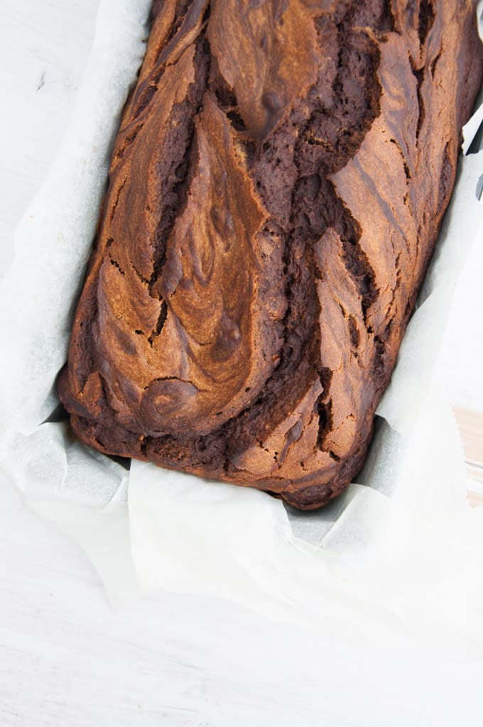 Vegan Chocolate Peanut Butter Banana Bread from the top