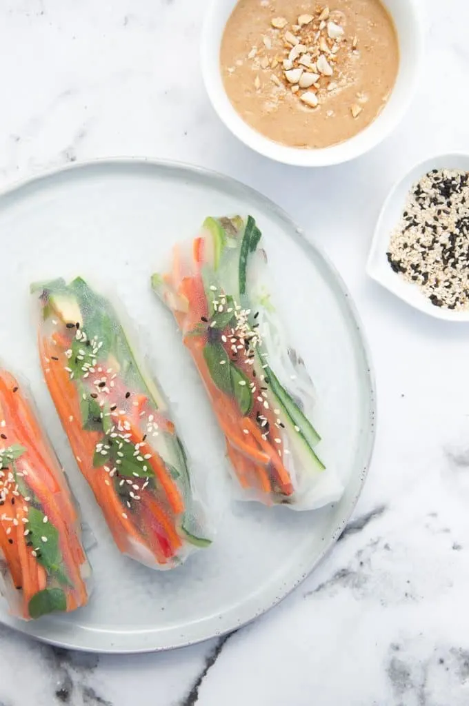Veggie Summer Rolls with Peanut Wasabi Sauce from top