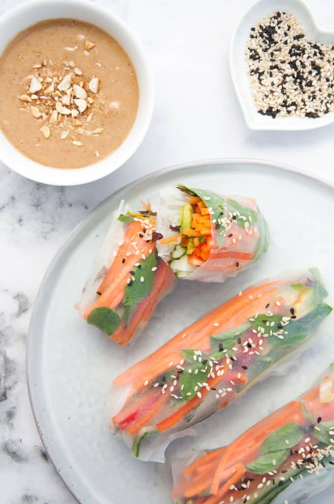 Veggie Summer Rolls with Peanut Wasabi Sauce from top