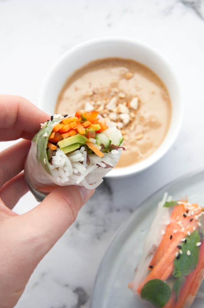 Veggie Summer Rolls with Peanut Wasabi Sauce closeup