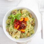 Creamy Avocado Pasta with olives and tomatoes