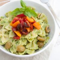Creamy Avocado Basil Pasta with tomatoes and olives