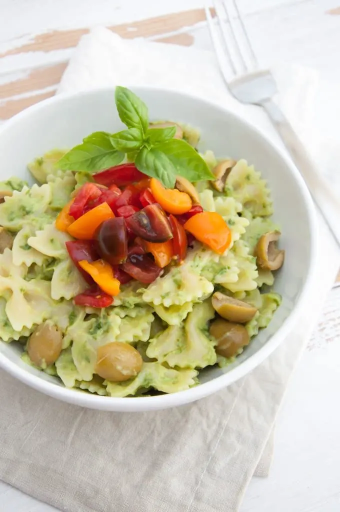 Creamy Avocado Basil Pasta with tomatoes and olives