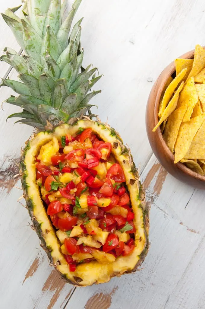 Vegan and Easy Pineapple Salsa in a whole pineapple