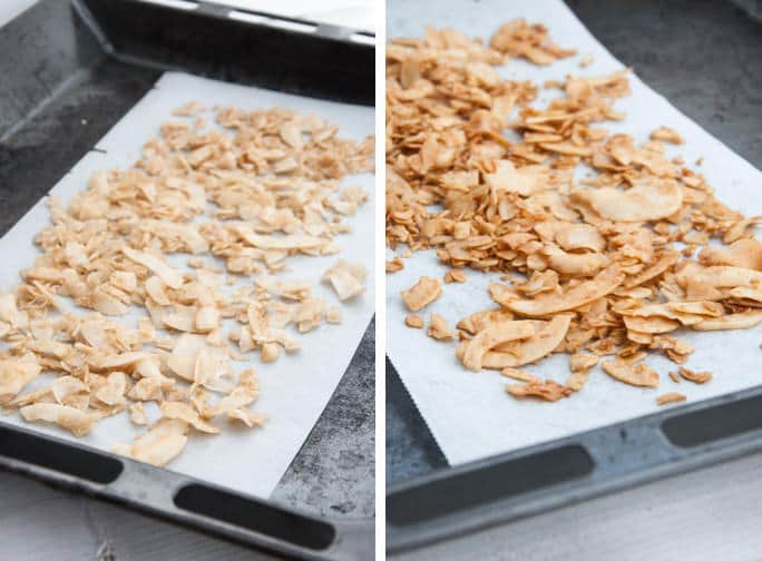 Vegan Coconut Bacon before and after baking